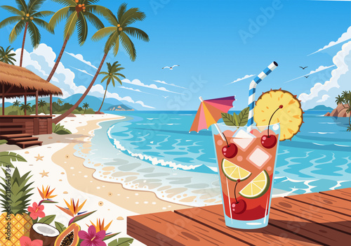 Summer Tropical Beach Cocktail Vacation Flat Vector Illustration