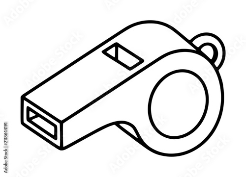 Hand-traced vector illustration of a classic wooden whistle with round chamber and rectangular mouthpiece, displayed in isometric perspective with bold black outline contours.