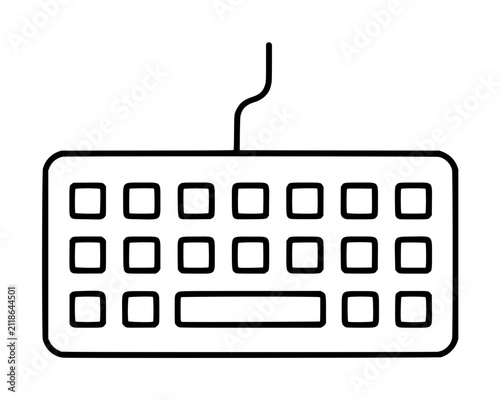 Minimalist hand drawn computer keyboard vector icon with cable and visible key layout in clean outline style