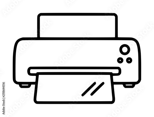 Black line vector icon illustration of a desktop printer with paper sheet output, hand-traced minimalist outline drawing for office equipment graphic