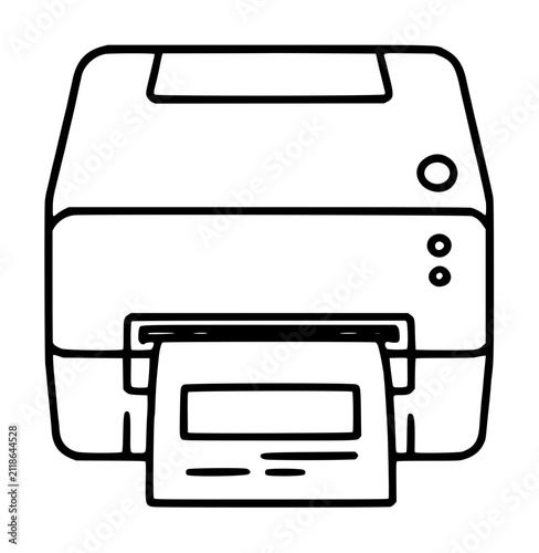 Hand-drawn line art vector illustration of a label printer producing a printed sticker, outlined monochrome office equipment icon with simple sketching style