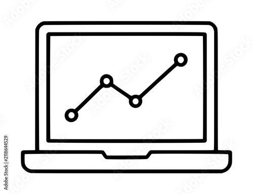 Hand-traced laptop displaying ascending line graph with data points, minimalist black outline vector icon illustration for analytics, business growth, performance tracking, statistics, and data