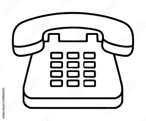 Hand-drawn black and white vector illustration of a classic landline telephone base with handset cradle, push button keypad grid, retro office communication icon, simple outline sketch style design