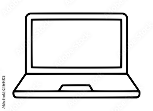 Hand traced black outline vector illustration icon of an open laptop computer with blank screen, minimalist line drawing for digital design and tech themes