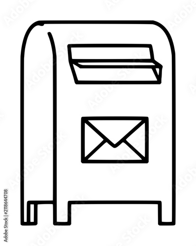 Hand-drawn black outline vector illustration of a classic curbside mailbox featuring a closed envelope symbol on the front, depicting postal mail delivery and communication concepts in minimalist