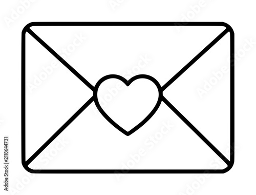 Hand drawn vector icon of love mail envelope with heart shape on flap, minimalist outlined illustration symbolizing romantic messages, valentine correspondence, and affectionate greetings, black line