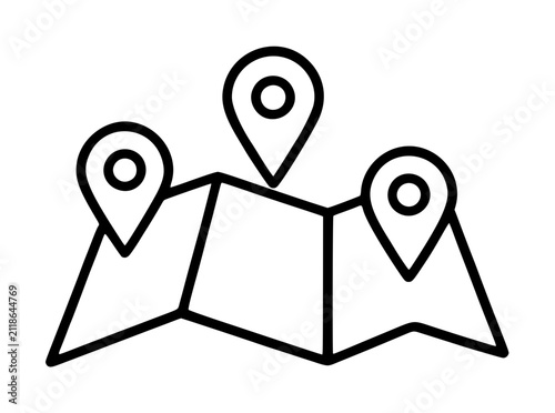 Hand traced vector icon of a folded paper map with three location pins marking destinations on the surface in minimalist line style