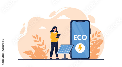 Young woman controls solar energy systems using a mobile application on a giant smartphone displaying eco concepts.
