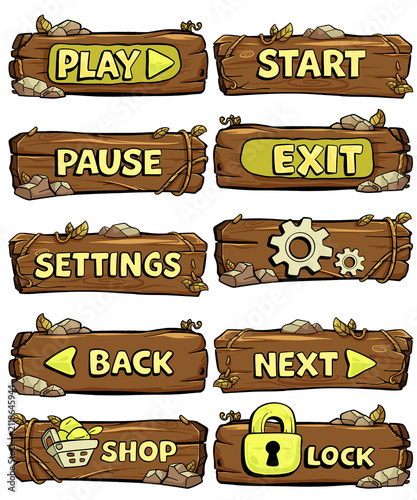 Fantasy Wooden Game UI Buttons Set Cartoon Style Vector Pack