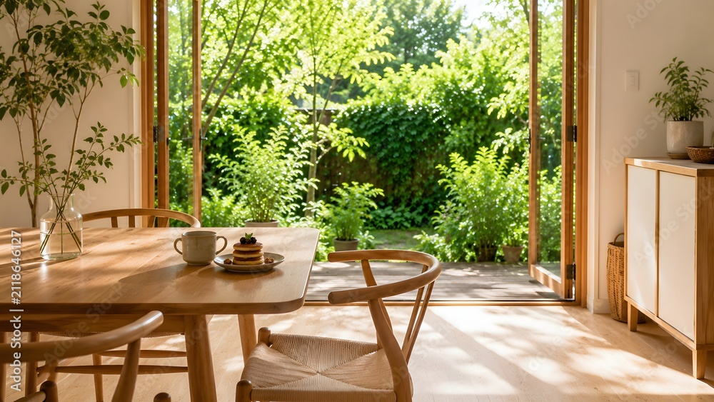 Fototapeta premium Wooden dining table with pancakes and coffee by garden view