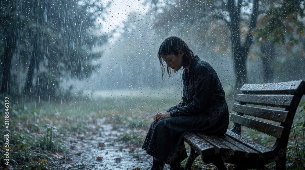 Fototapeta premium Young woman sits on park bench behind wet glass window during heavy rainstorm. Sad female feels loneliness, deep depression outdoors. Person experiences mental health struggle, emotional pain.