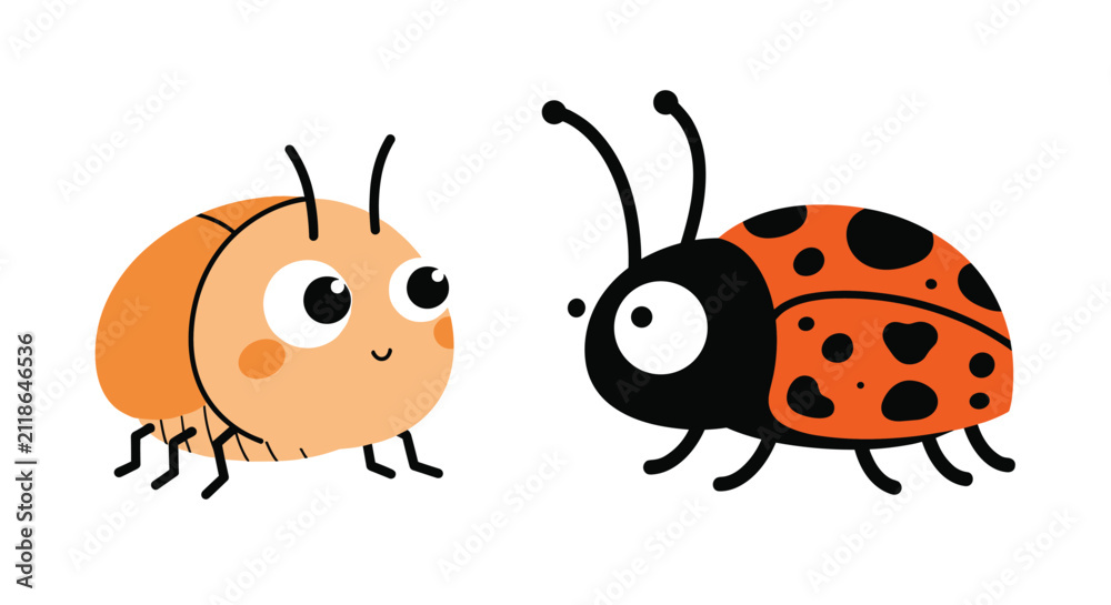 Fototapeta premium Two cute friendly cartoon beetles, a little orange bug and a red ladybug with black spots, smiling at each other.