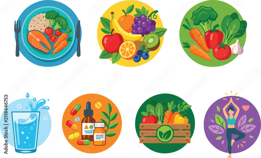 Fototapeta premium Healthy Lifestyle Icons Representing Nutrition Exercise Hydration Supplements and Wellness