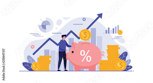 Successful financial investor standing by giant pink piggy bank with rising market graphs and piles of gold coins.