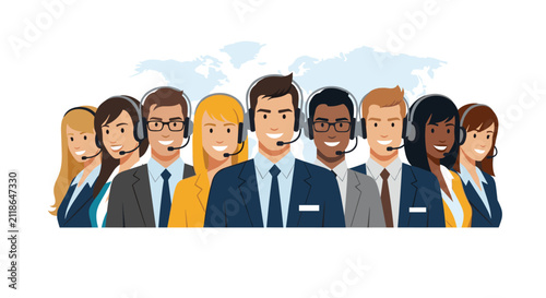 Diverse friendly team of customer service agents wearing headsets smiling together in front of soft blue world map.