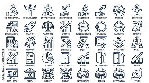 Venture capital and startup investment business icon set.