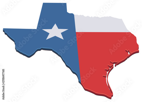 3D isometric map of Texas textured with the Lone Star state flag representing regional patriotism, local identity, geographic territory, tourism, and state pride (cut out)