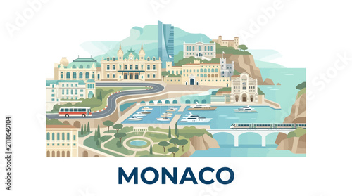 Stylized illustration of Monaco's coastal cityscape including historic buildings, modern skyscrapers, marina, and scenic hills