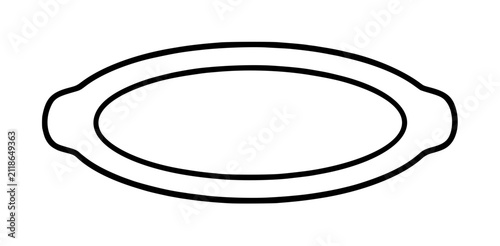 Hand-drawn black outline vector icon of an empty oval serving platter, simple hand-traced line illustration on white background, minimalist kitchenware graphic resource