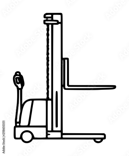 Фотография Hand-drawn black and white vector illustration of a stacker crane forklift truck