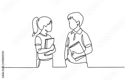 Continuous one line drawing of a boy and a girl students holding books standing and talking to each other Vector, illustration