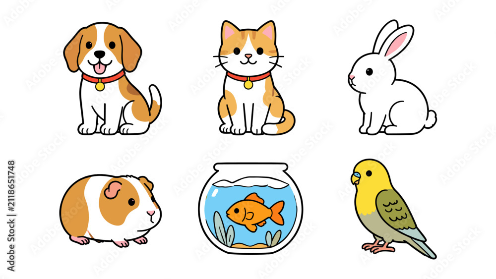 Obraz premium Cute domestic pet collection with dog cat rabbit fish and bird