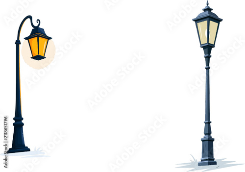 A vintage park lamp post emits a warm glow in a clean, geometric illustration with high contrast against a white background
