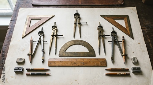Vintage drafting and architectural drawing tools on paper
