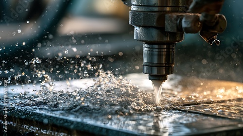 Industrial waterjet cutting machine processing metal plate.