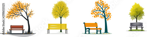 A serene autumn park scene features a wooden bench under a vibrant yellow ginkgo tree with falling leaves, set against a clean white background