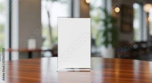 Blank Acrylic Table Tent Menu Holder Mockup on a Wooden Table in a Modern Blurred Cafe Interior