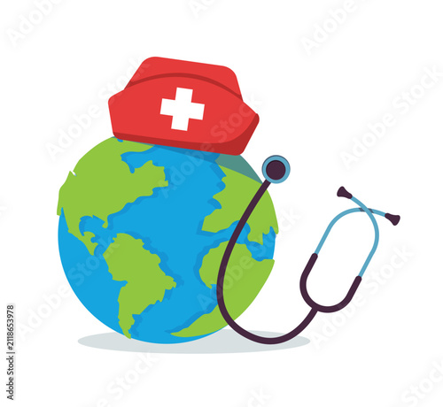 World with Nurse Cap and Stethoscope for Global Healthcare