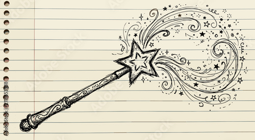 Obraz na płótnie Magic wand hand drawn doodle vector on lined paper background casting star trail and sparkle spell details