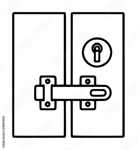 Hand-traced black and white vector illustration of a classic double-door cabinet secured with a vintage keyhole plate and a horizontal slide bolt latch, minimalist line art design