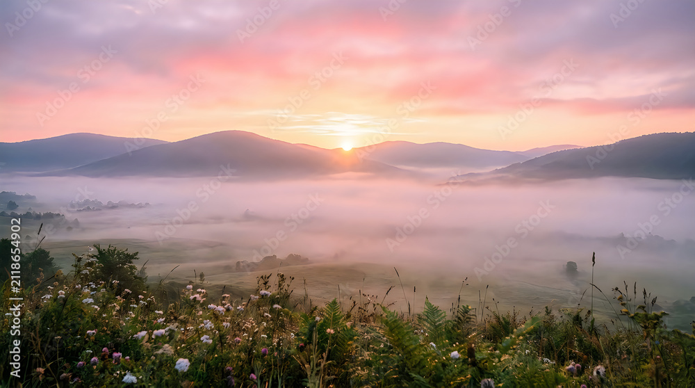 Obraz premium Breathtaking sunrise over a misty mountain valley with soft pink and orange clouds in the morning sky