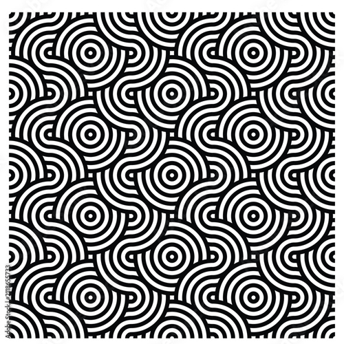 Concentric Circles Pattern: An abstract, repeating pattern of concentric circles and curved lines in black and white, creating a mesmerizing optical illusion of depth and movement.