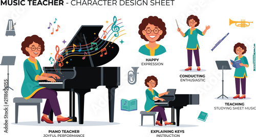 Music teacher character design sheet with piano and instruments.