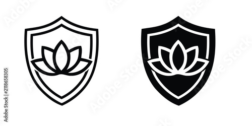 Lotus Flower inside Security Shield Line and Solid Icons