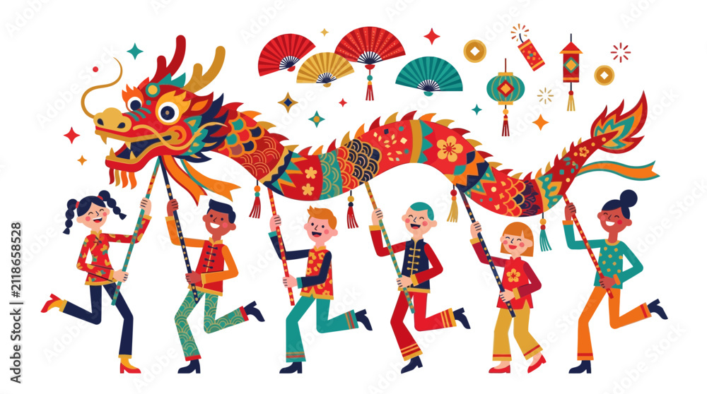 Naklejka premium Chinese Dragon Dance: Children Celebrate Festive Holiday