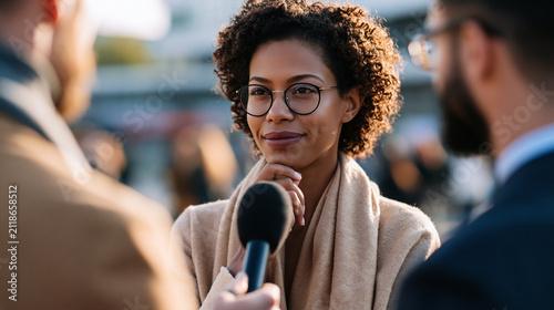 Caught in a friendly street interview, a young woman pauses thoughtfully before answering the reporter, bright daytime setting, microphone between them, natural expression, journalism,