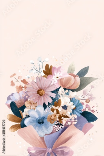 Pastel floral bouquet background with soft pink and blue blooms for wedding invitation, greeting card, poster and romantic design layouts