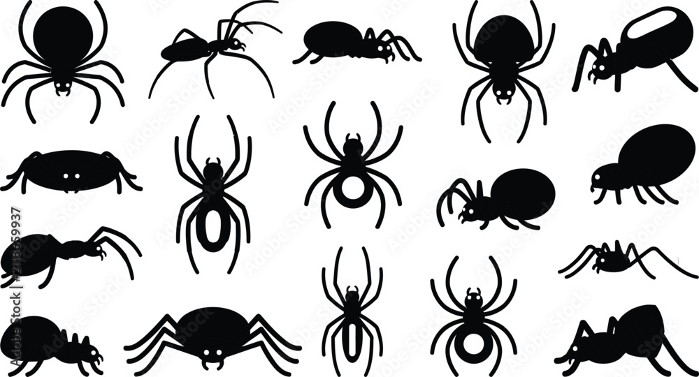 Obraz premium Spider silhouette collection, black arachnid icons set on white background, 15 insect vector elements for Halloween and nature design