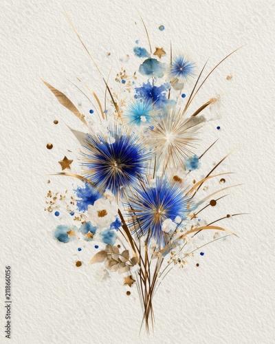 Blue and gold floral watercolor composition on paper texture for elegant greeting card poster background