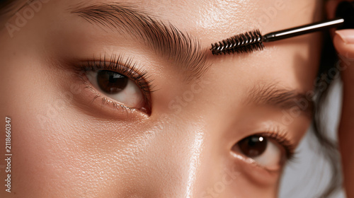 Eyebrow Grooming: A close-up shot focuses on a person's eye and expertly groomed eyebrow being shaped with a mascara wand, highlighting precision and beauty.