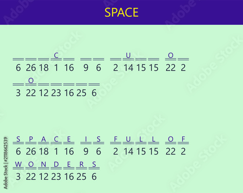 Foto Coding chart cryptogram puzzle for deciphering the word SPACE with numbers