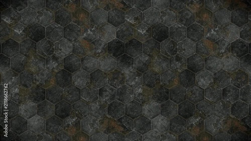 Grungy dark hexagonal tile texture background with a seamless loop.