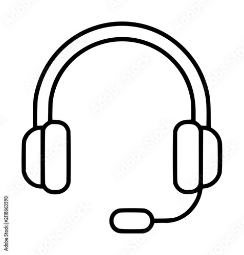 Hand traced black outline vector icon of over ear headset with attached microphone, minimalist line drawing illustration for support communication