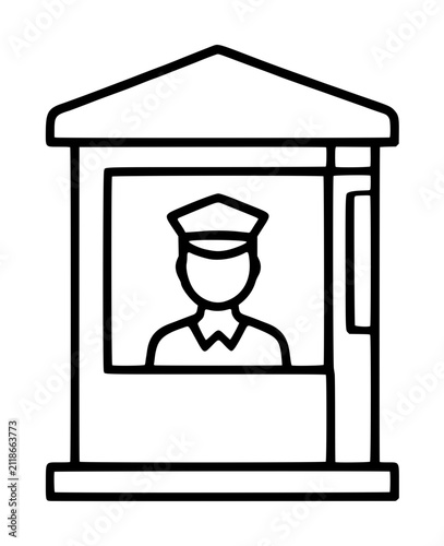 Minimalist vector line icon illustration of a uniformed security guard wearing a peaked cap stationed inside a small guard shack booth, hand-drawn outline style on white