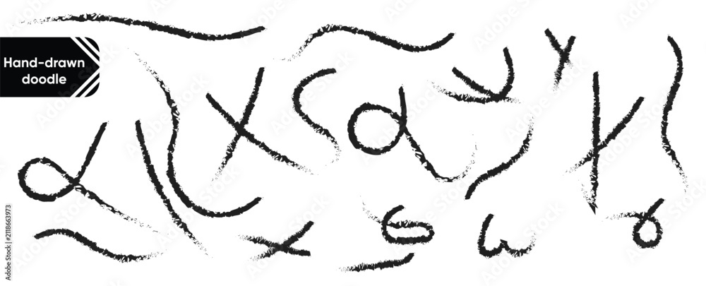 Fototapeta premium Set of black hand drawn crayon doodle brush strokes lines and symbols isolated on white background