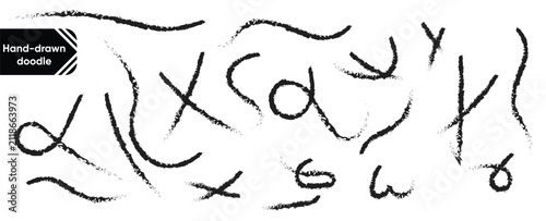 Set of black hand drawn crayon doodle brush strokes lines and symbols isolated on white background